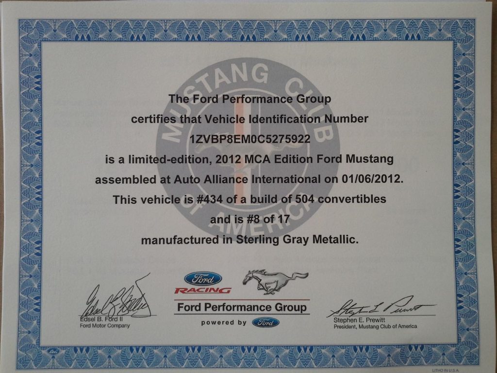 Le certificat de la Mustang MCA